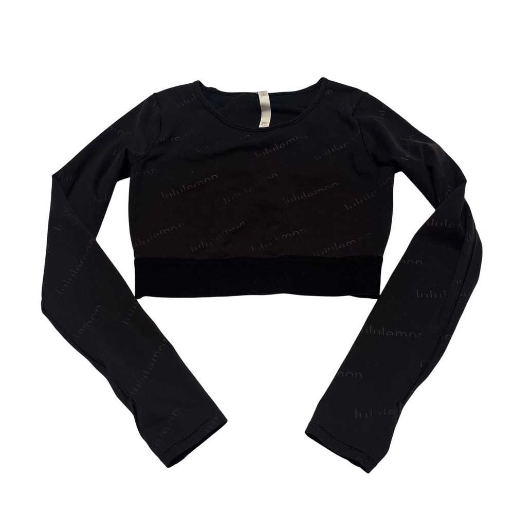Lululemon Wunder Train Cropped Long Sleeve 
Black Top Size 8 Gold Logo
